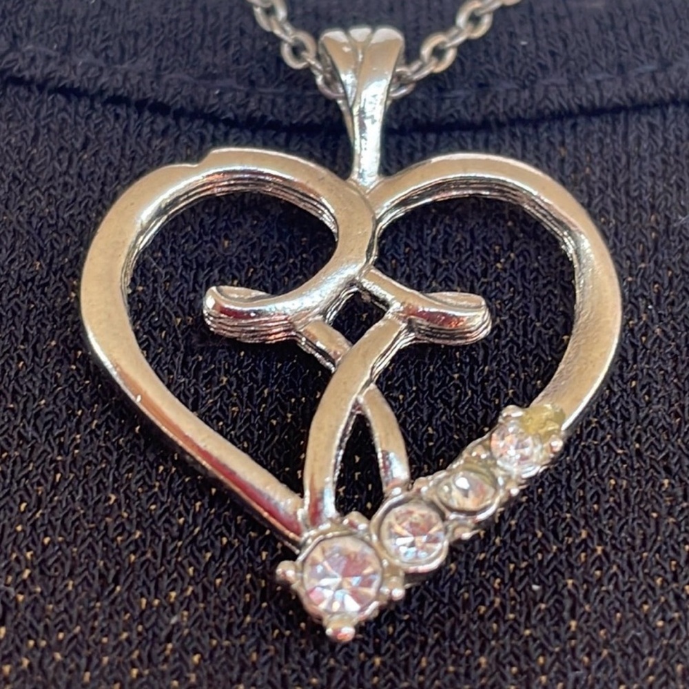 April Birthstones Heart & Cross Silver Pendant Signed CAMCO Vintage Jewelry - Picture 3 of 7